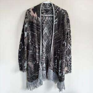 Lucky Brand Fringed Brushed Knit Cardigan Sweater Boho Southwest Open Front S